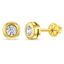 Bezel Cubic Zirconia Clear Toddler / Girls Earrings Safety Screw Back - 14k Gold