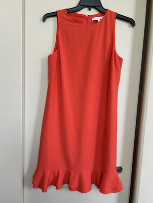 Preston & York Orange Red Round Neck Sleeveless Shift Dress Ruffle Hem Zip 6