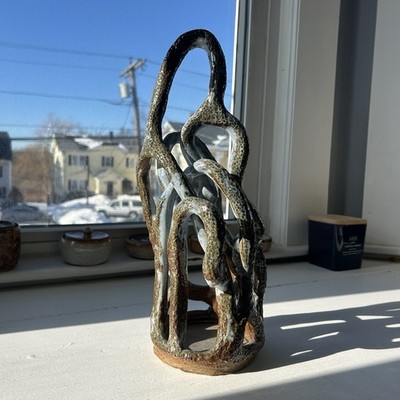 Handmade Abstract Ceramic Sculpture Brown Blue Glaze 14in Art Statue