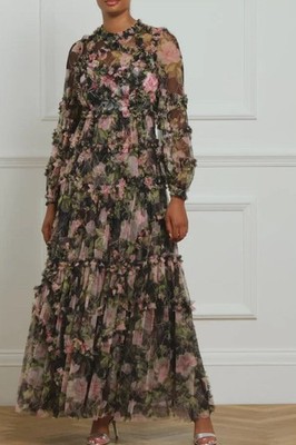 Needle & Thread English Rose Diamond Ruffle Long Sleeve Maxi Dress sz 4