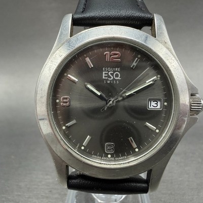 ESQ Watch Men 37mm Gray Dial Silver Tone Date Round 300712 Leather New Battery
