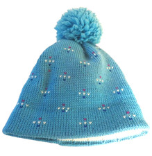 Vintage Wigwam Mills Wool Beanie Hat Blue Pom Pom Knit Ski Cap USA Made
