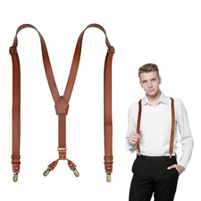 Leather Suspenders for Men Y Back Design Adjustable Suspender with 4 Metal Cl...