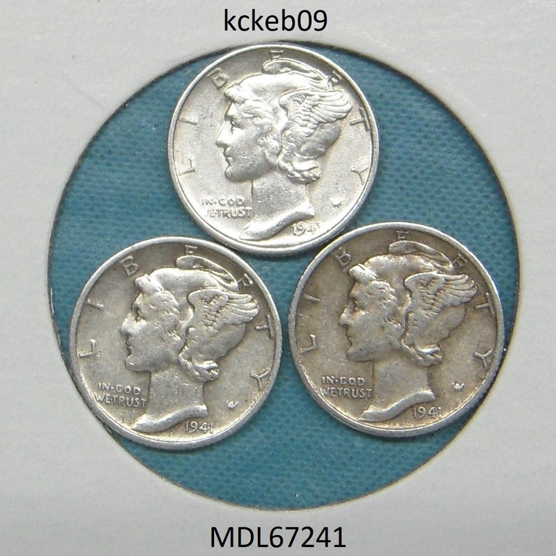 Mercury dime lot of 3, 1941-D, 1941-P, 1941-S.  90% silver coins
