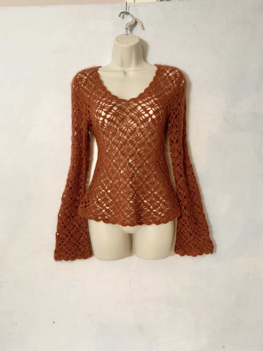 90s Arden B Mohair Crochet Sweater Bell Sleeves V Neck Small Or Xs