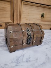 Vintage Wooden Treasure Chest Jewellery Box Red Line Ornate Clasp Removable Tray