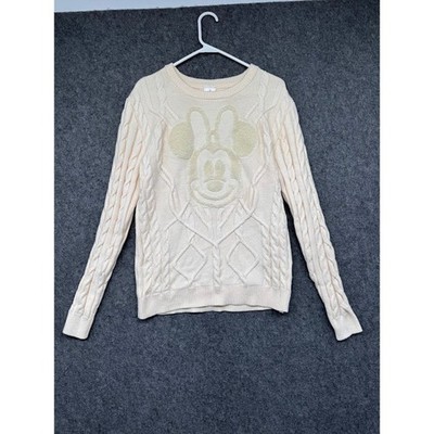 Disney Minnie Mouse Cable Knit Sweater Ivory Cream Graphic Pullover Womens M