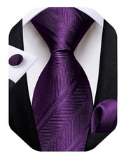 Mens Tie Set Silk Solid Paisley Necktie and Pocket Square Dark Purple