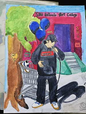 Original Watercolor Street Art Painting Guy Rapping On The Street OOAK 9x12 