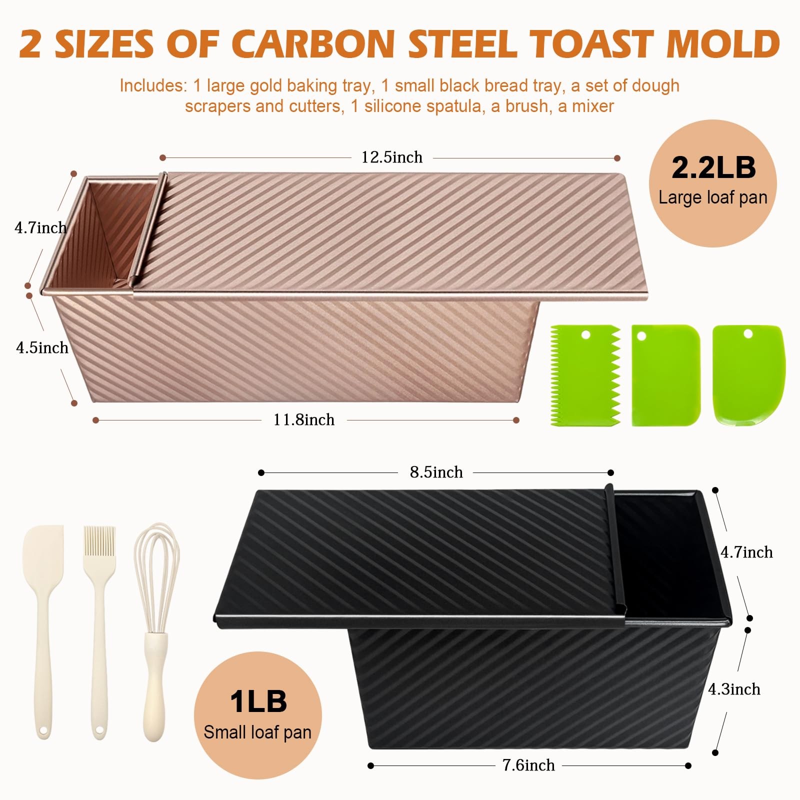 2Pack Pullman Loaf Pans with Lids 2.2 LB & 1 Dough Capacity Non-Stick Carbon
