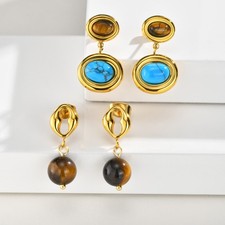 Women's Stainless Steel Gold Hollow Rhombus Tiger Eye Dangle Earrings Gift
