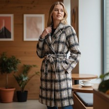 Avec Les Filles Womens Plaid Tweed Wool Blend Belted Trench Coat Multi SP