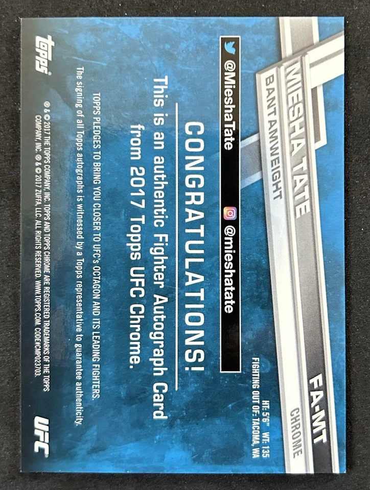 2017 Topps Chrome UFC Fighter Auto Miesha Tate #FA-MT Auto - Image 2 of 2