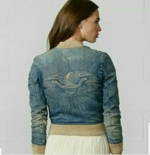 Ralph Lauren Denim & Supply Distressed Blue Denim Eagle Bomber Jacket Size M