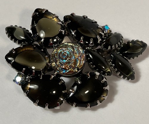 VTG Carnival Smokey Molded Glass Rose Rhinestone Aurora Brooch Pin Schiaparelli? - Picture 5 of 12