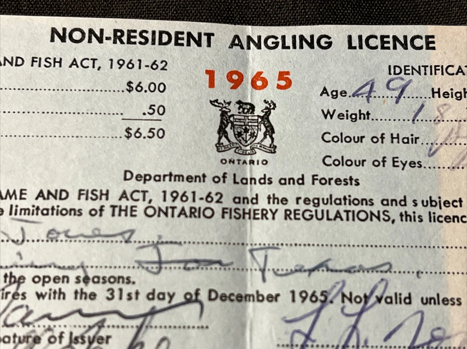 De colección 1965 Ontario no residente licencia de pesca pesca Canadá Foto 4 de 4