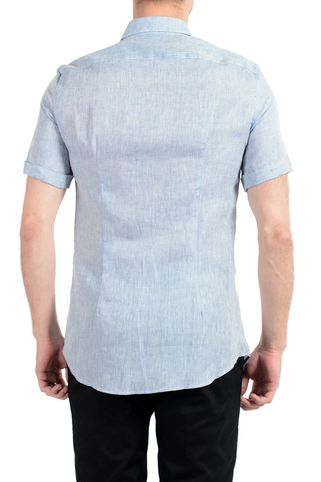 Camisa de vestir Malo para hombre azul 100 % lino manga corta con botones talla 15 15,5 Foto 3 de 4