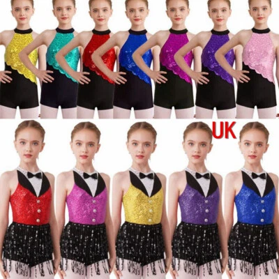 UK Girls Kids Sequins Latin Jazz Dance Leotard Dress Ballet Dancewear Costume
