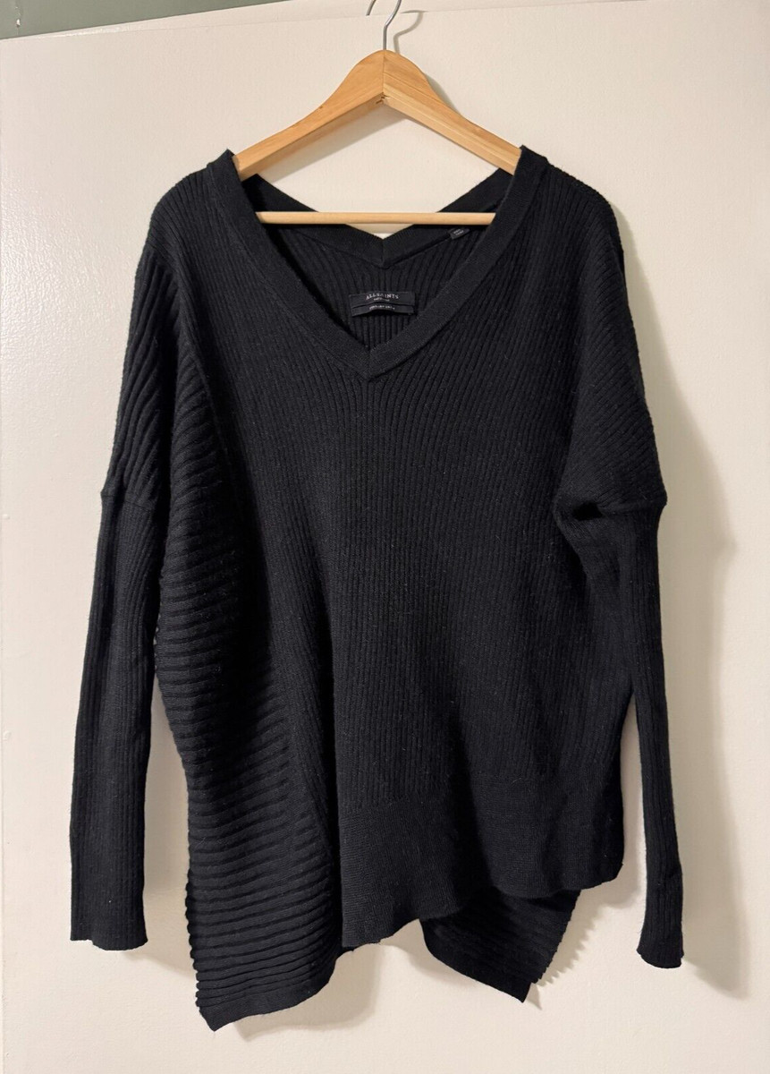 AllSaints Keld Olivo V Neck Ribbed Sweater Italian Yarn, Size M, Oversized, Blac