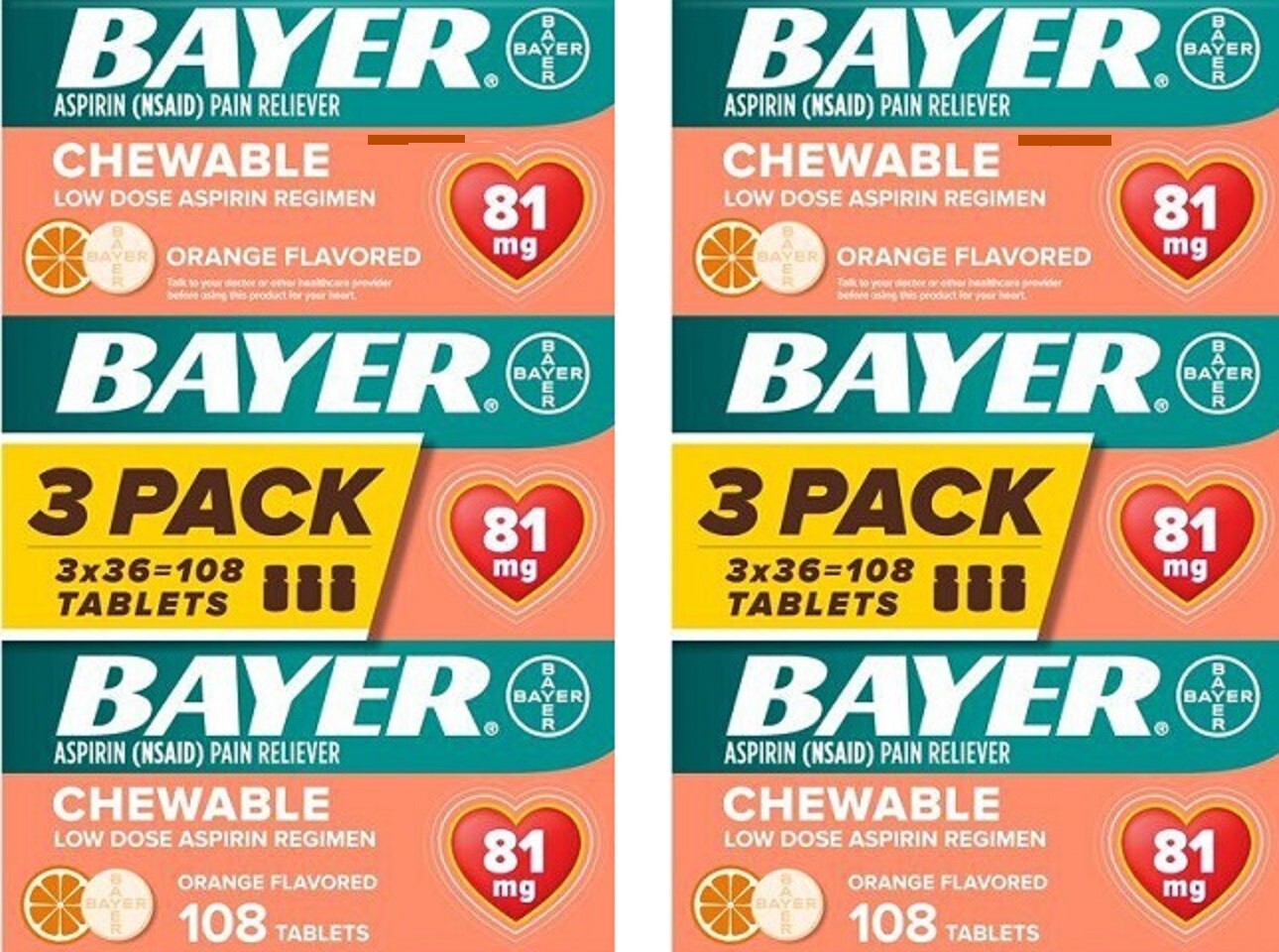 Bayer Chewable Aspirin 81mg Low Dose ORANGE 36 Tablets 6 Pack 12/24+ eBay