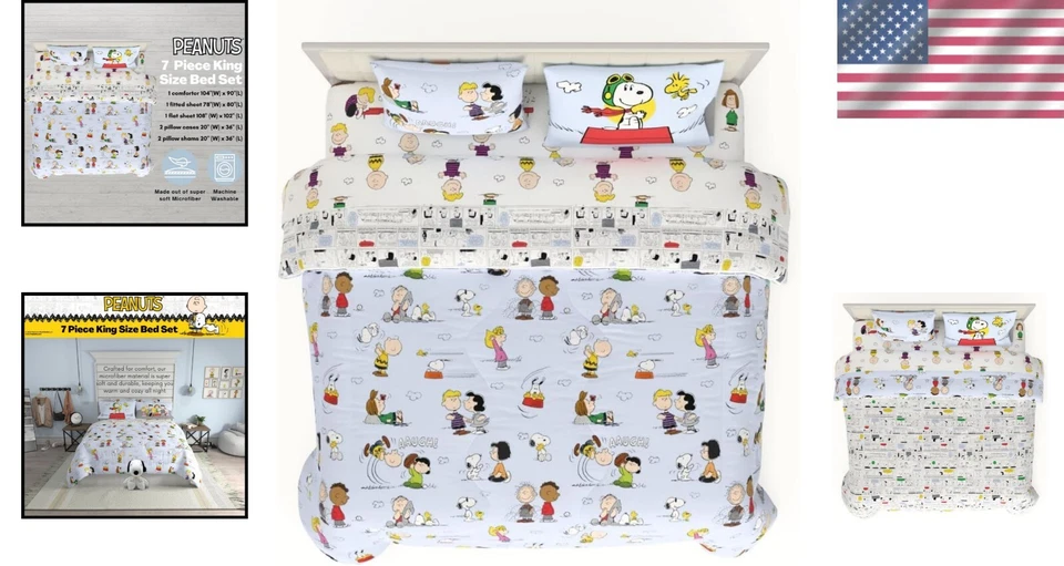 Official Peanuts 7-Piece Comforter Set in Light Blue - King Size Cartoon Bedding - Image 2 of 4