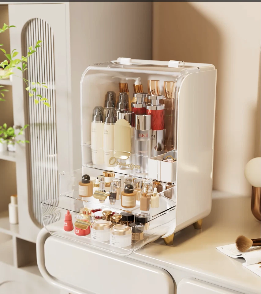 Large Cosmetic Display Case with 2 Clear Drawers and Fip Lid Storage Area Pink - Image 2 of 4