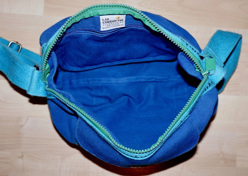 Bolso Bandolera Años 80 Vintage LIZ CLAIBORNE Azul y Turquesa Lona 9x10 Foto 3 de 4