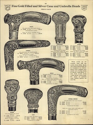 1917 PAPER AD Gold Filled Silver Cane Head Polo Opera Crook Cap Walking Stick