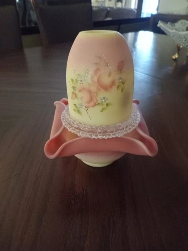 Fenton Hand Painted Art Glass Floral Candle Holder Pink Yellow Decorative