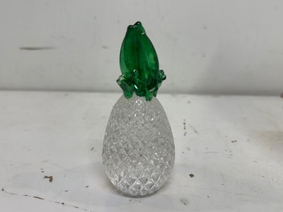 Clear Art Glass Miniature Pineapple Decorative Figurine Green Leaves