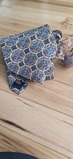 XMI Platinum Silk Necktie Gold Blue Geometric Pattern Mens Dress Tie NEW
