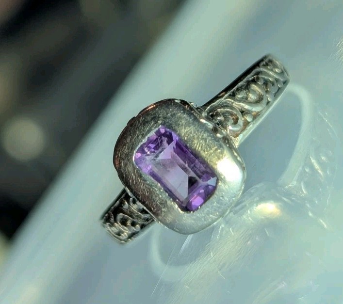 Antique Amythist Gem Ornate Filigree Band, Sterling Silver 925 Ring Size 7.75