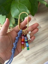 Bag Charm Keychains with Glass Ceramic Beads, Gold Fixtures