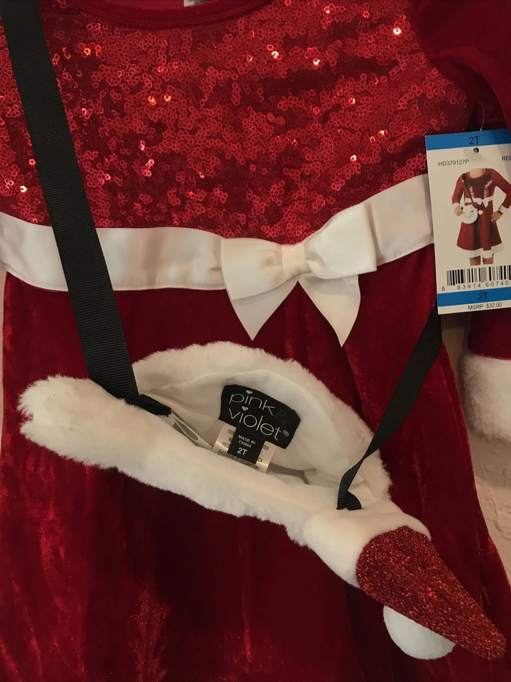 Vestido de veludo rosa e violeta feminino tamanho 2T férias com bolsa para gato, vermelho/branco - Imagem 3 de 4