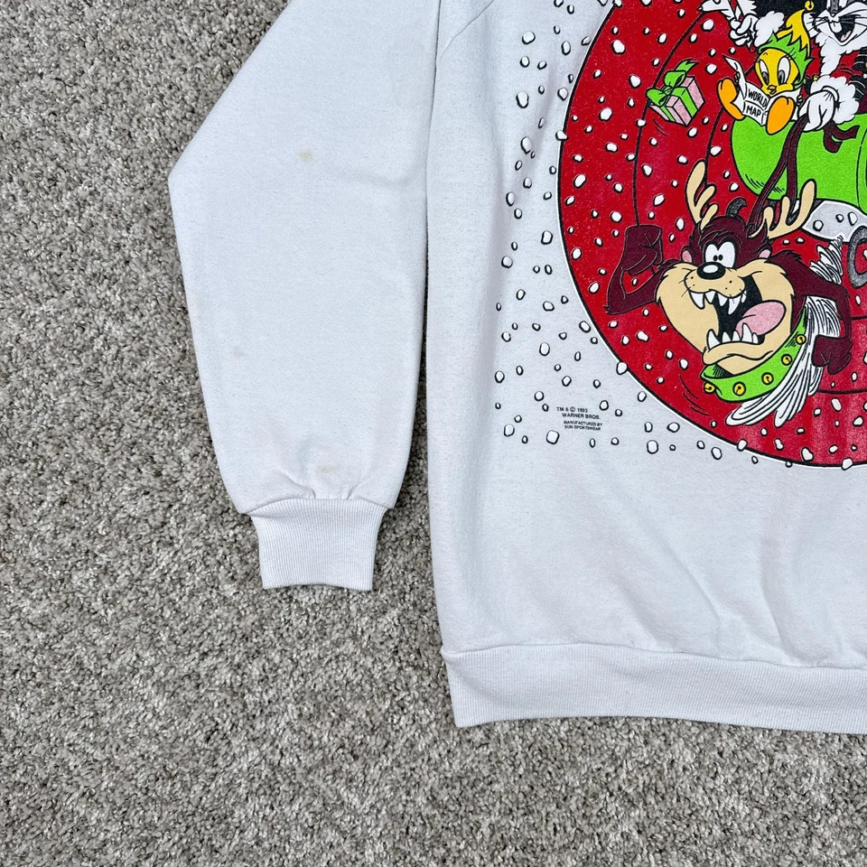 Sudadera De Colección Looney Tunes Para Hombre XL Blanca 1993 Navidad Bugs Bunny Taz Foto 3 de 4