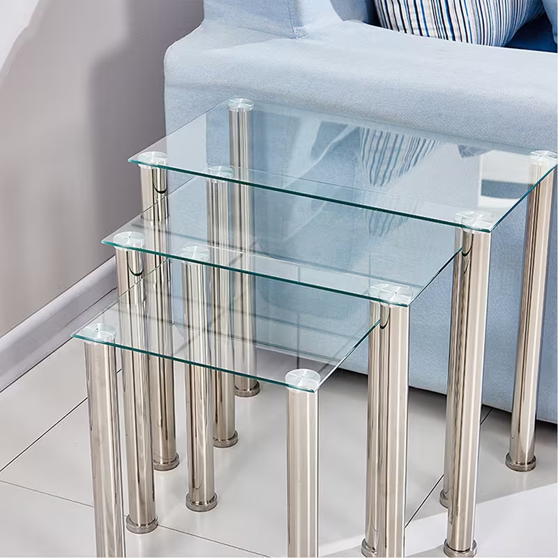 Panana Nest of 3 Bent Glass Coffee Table Modern Nesting Side Table for Living Room (Black) 21 Nest of 3 Modern Coffee Table Set Rectangular Glass Top Chrome Metal Legs Black