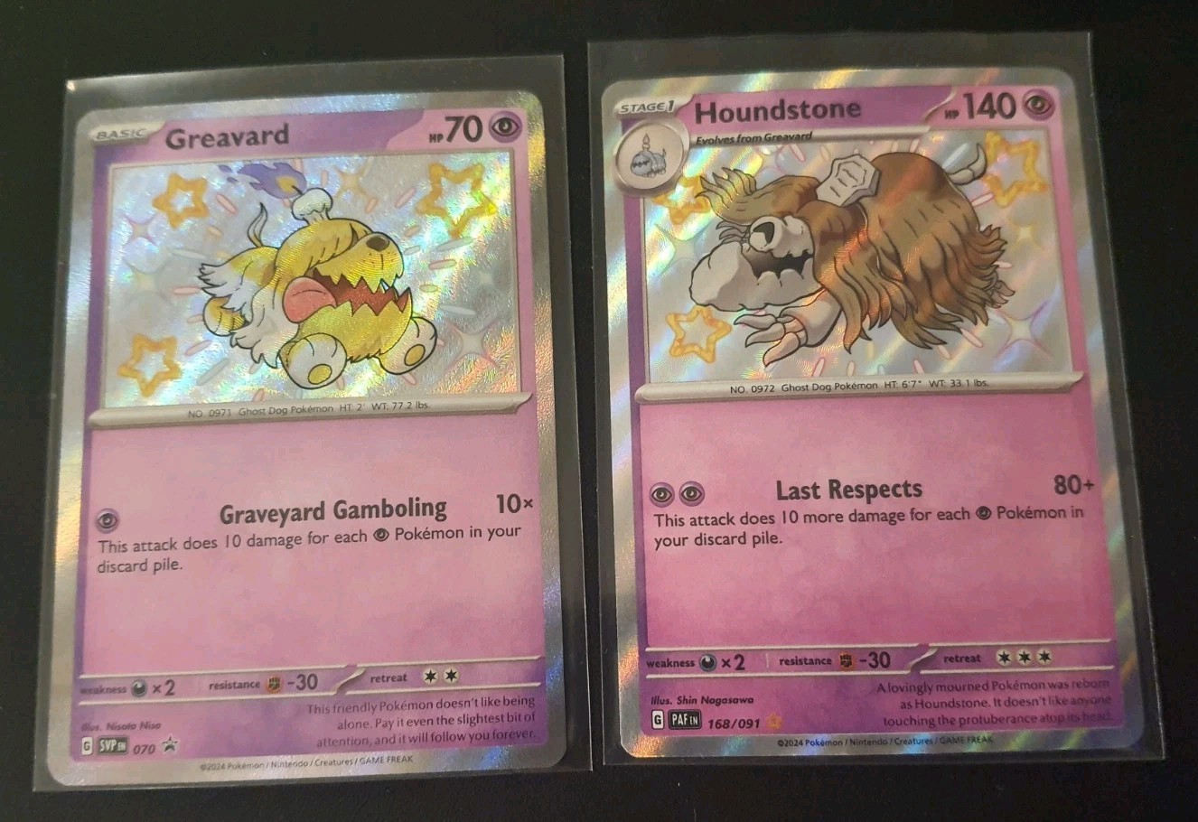 Greavard 070 & Houndstone 168/091 Paldean Fates NM Shiny Baby Rare Pokemon Card