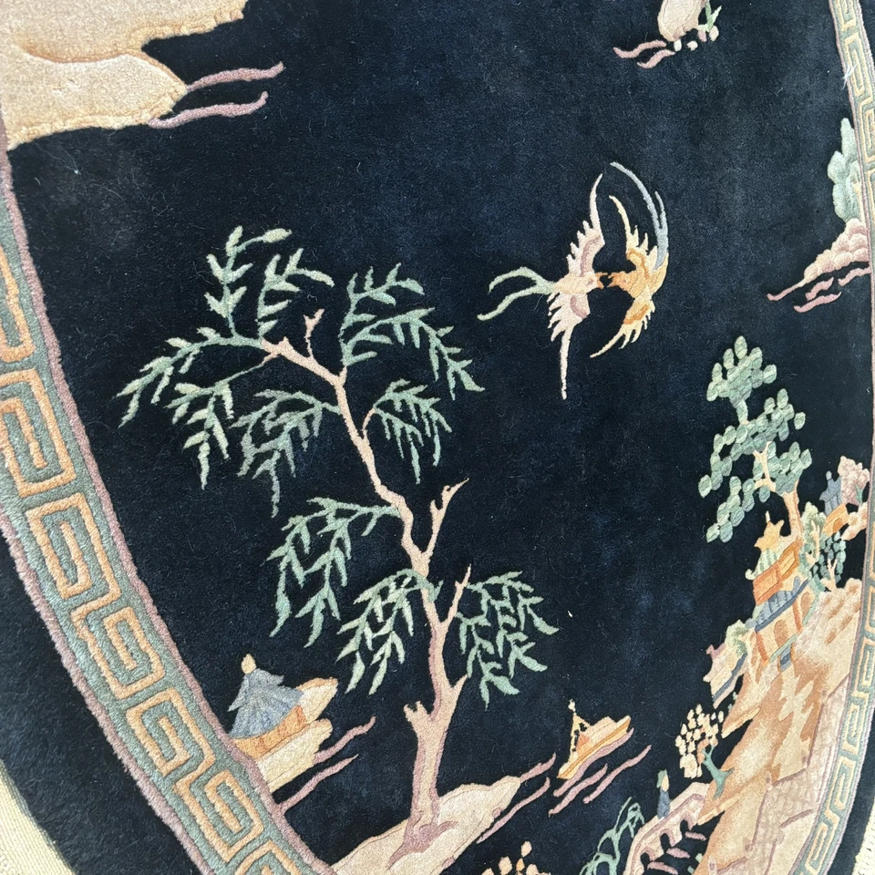 c1970's  ART DECO CHINESE OVAL RUG 4ft X 6ft SCENERY DESIGN_COMFORTING SOFT WOOL - Image 4 of 4