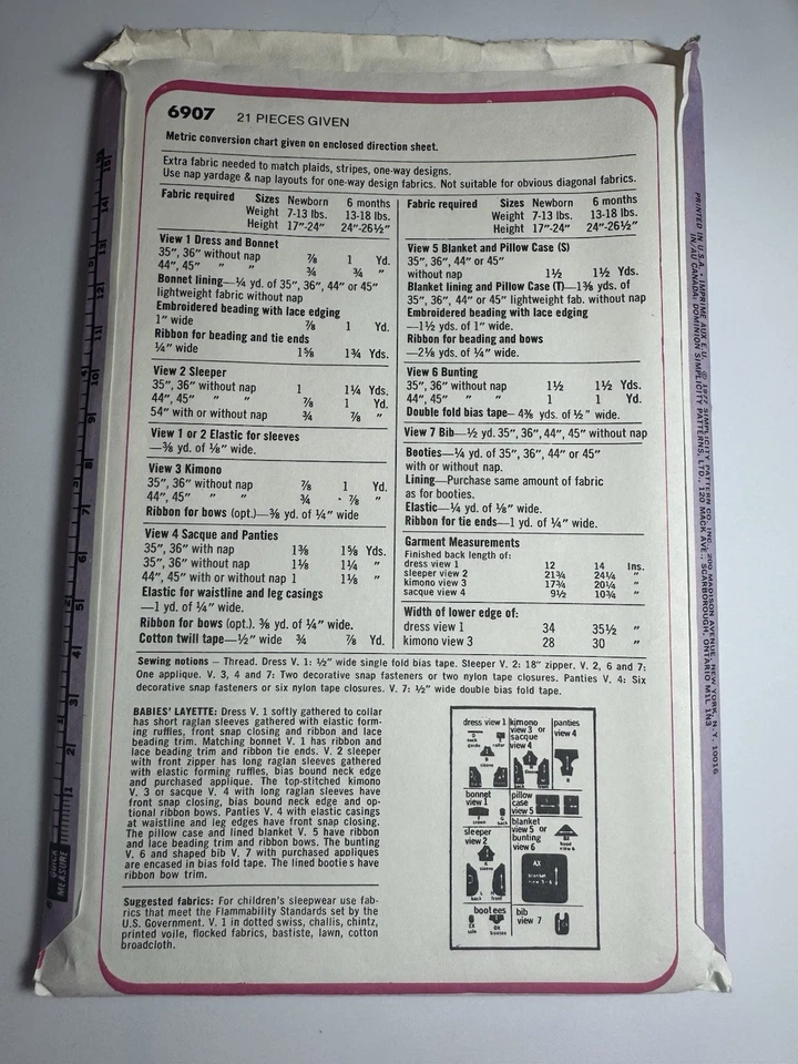 VTG 77 Simplicity 6907 INFANT Dress Bonnet Sleeper Kimono Booties Bunting SZ 6m - Image 3 of 4