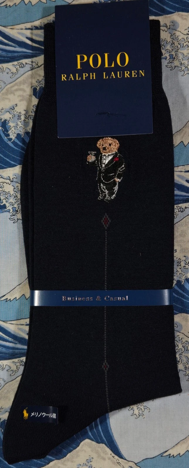 Polo Ralph Lauren Mens Japanese Wool Socks Fine Gauge DinnerSuit Bear Navy UK7-9