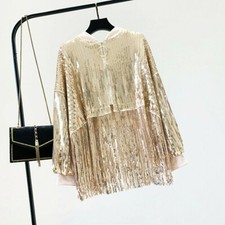 Women Loose Sequin Tassel Coats Jackets Shiny Glitter Dancewear Long Sleeve