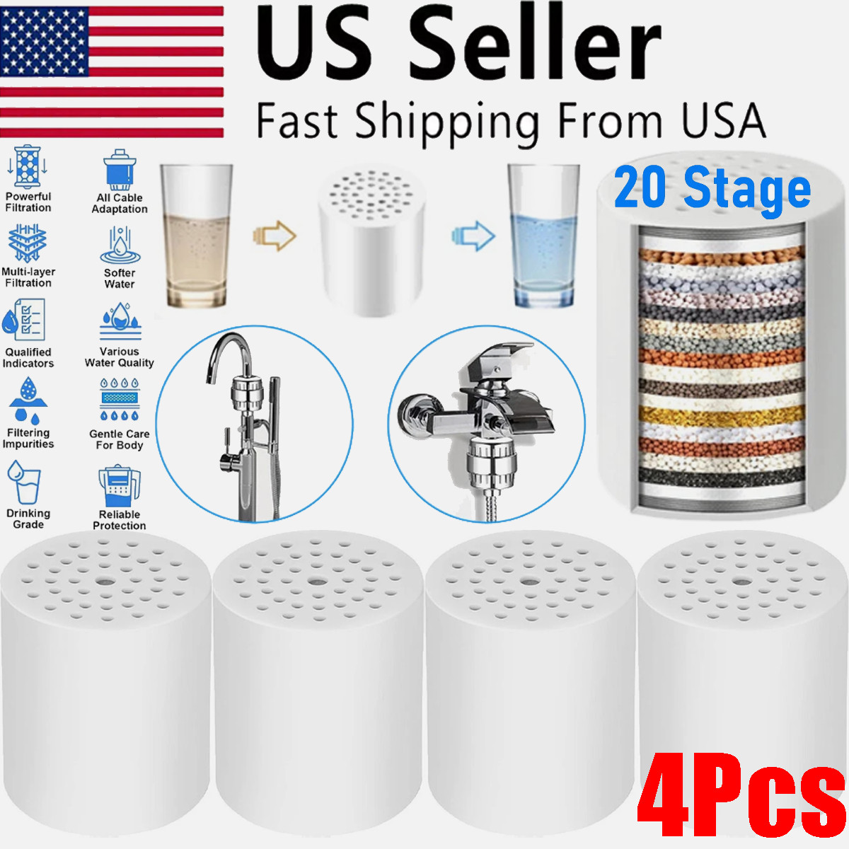 4Pcs 20 Stage Shower Filter Replacement Cartridge Refill for