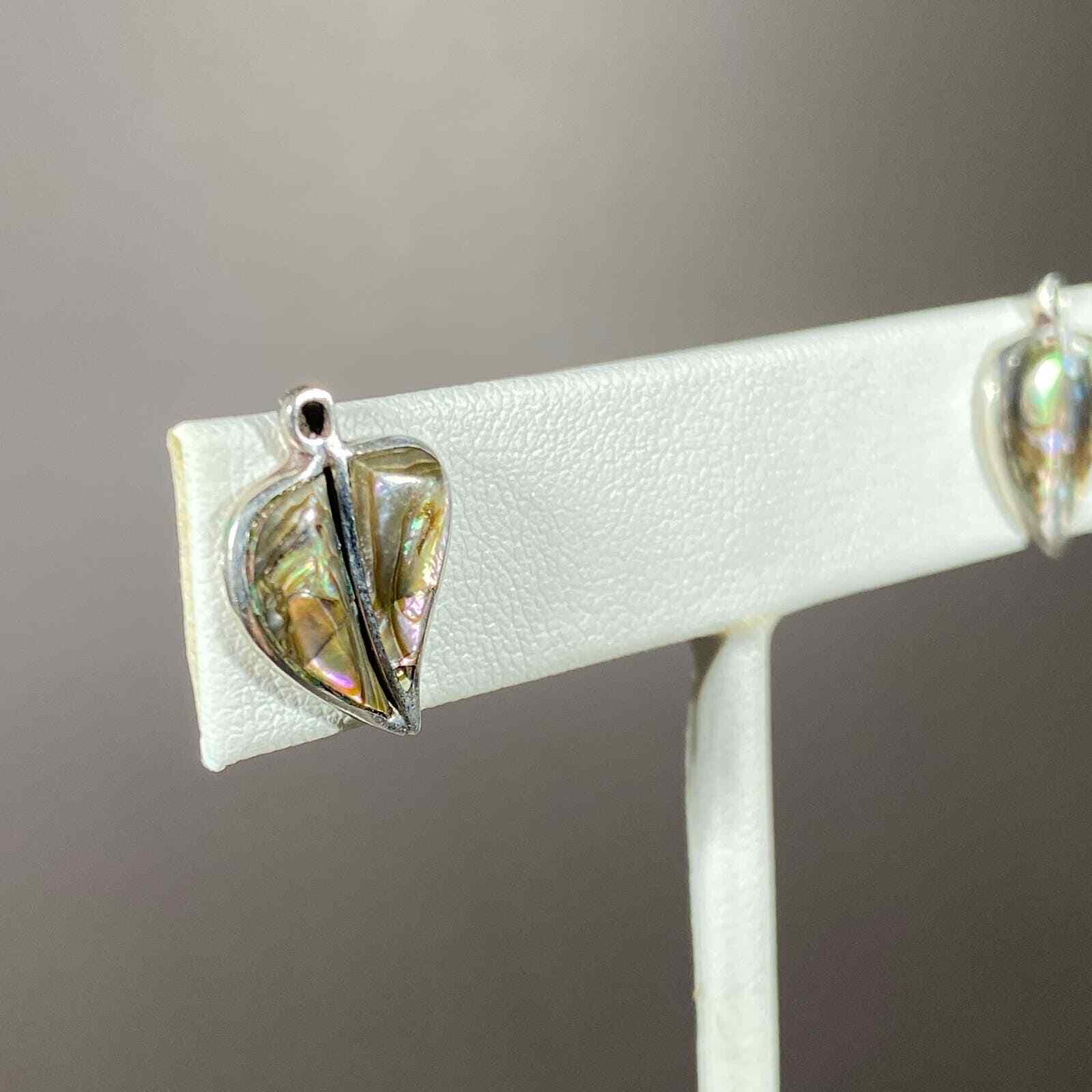 Vintage Silver Abalone Leaf Shape Post Earrings - image 4