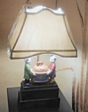 Vinatge Fredrick Cooper Porcelain Tea Twins Lamp & Silk Pagoda Shade