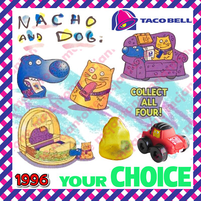 Taco Bell 1996 NACHO and DOG Cartoon Cat COUCH MOBILE House Car YOUR Toy CHOICE