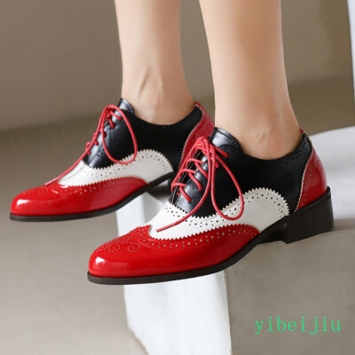 Women Colorblocks Patchwork Wing Tip Shoes Leather Carved Low Heels Dress Oxford