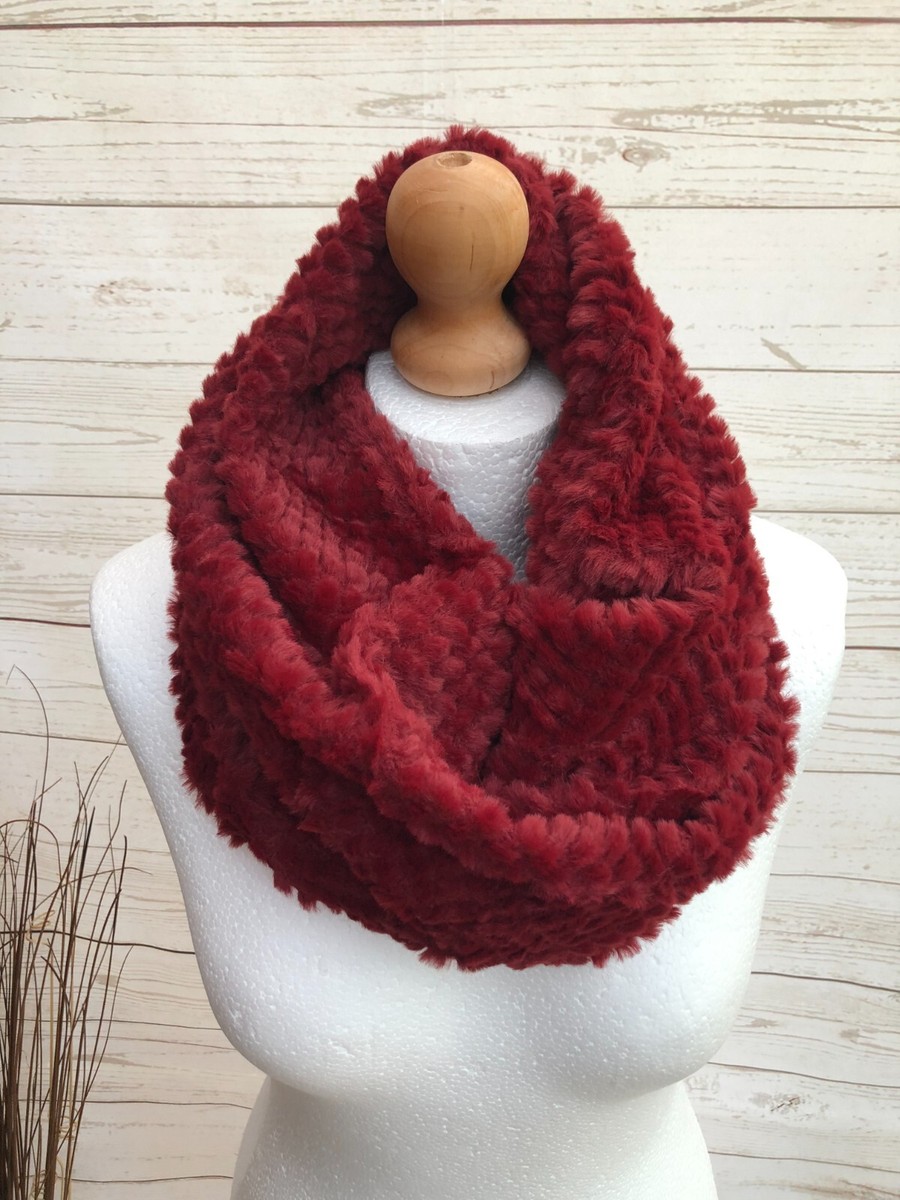 Ladies Girls Short Faux Fur Textured RED WINE Snood Soft Winter Infinity  Scarf