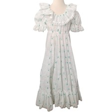 Vintage 1970s Prairie Dress Girls 7/8 Eyelet Lace Ruffle Blue Floral Handmade