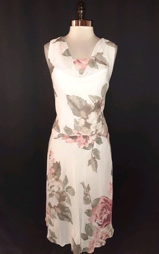 ROBBIE BEE Größe 14 A-Linie Kleid weiß beige rosa Blumen ärmellos Midi