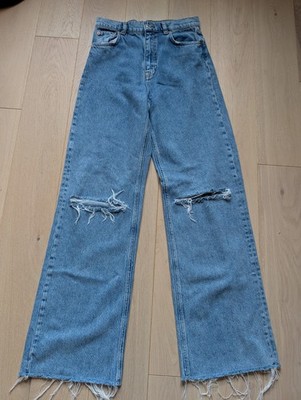 Zara The 90s Full Length Medium Wash Jeans With Raw Hem And Knee Holes Size 36/4